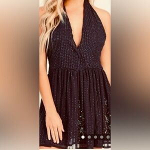 New Altar'd State Raven Beaded Sequin Backless Halter Cocktail Mini Dress Black
